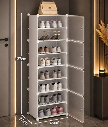 Image of AYSIS Premium Foldable Plastic Shoe Rack for Home, ๐ ๐๐จ๐จ๐ซ ๐ ๐๐ก๐๐ฅ๐ Shoe Cabinet, Dustproof & Waterproof Organizer, Portable Space Saving Storage for Entryway, Bedroom & Living Room, White