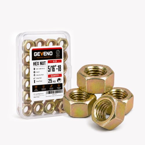 5/16"-18 Grade 8 Hex Nuts, Yellow Zinc, Coarse Thread, 25 Pack