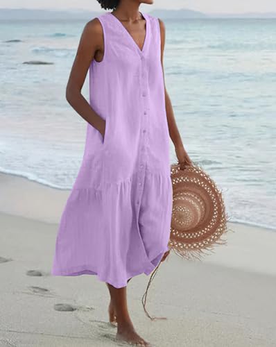 Image of chouyatou Women's Summer Sleeveless Button Down Cotton Tank Dress Loose A-Line Tiered Tunic Beach Dress