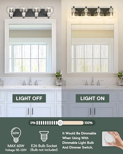 Image of Bathroom Light Fixtures, 4-Light Black and Brushed Nickel Bathroom Vanity Light, 26 Inch Modern Wall Sconces with Globe Clear Glass Shade, Vanity Lighting Fixtures Over Mirror, VL195-KN-4