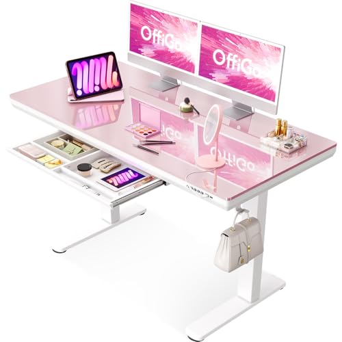 OffiGo Glas Höhenverstellbarer Schreibtisch, 120 x 60 cm Elektrischer Schreibtisch mit Schublade, Ganze Tischplatte mit USB und Type-C, Standing Desk, Steh-Sitz Glastisch für Home Office Büro, Rosa OffiGo Glas Höhenverstellbarer Schreibtisch, 120 x 60 cm Elektrischer Schreibtisch mit Schublade, Ganze Tischplatte mit USB und Type-C, Standing Desk, Steh-Sitz Glastisch für Home Office Büro, Rosa