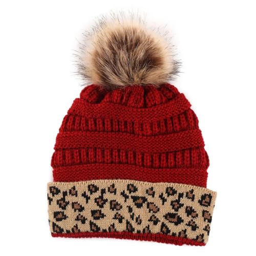 Sopodbacker Gorros De Punto para Sombrero Tejido Beanie Sombrero De Leopardo Cálido Gorro De Punto Gorra Mujer Niña Pom Grueso Señora Cabello Femenino Talla Única Rojo