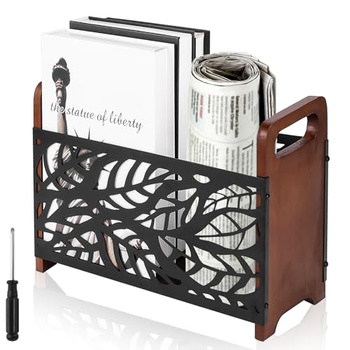GBKDQQ Porte-revues en Bois et Métal avec Poignées, Support de Journaux Économiseur d'espace, Panier de Rangement 33x24x13cm, Porte-revues pour Bureau et...