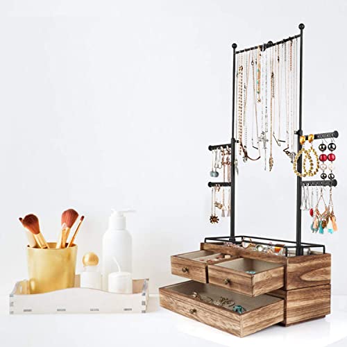 Bundle With Jewelry Organizer - 2 Layer Wooden Jewelry Drawer Storage Box With 6 Tier Jewelry Tree Stand, Jewelry Display For Necklaces Bracelet Earring Ring (Carbonized Black) #TOP2