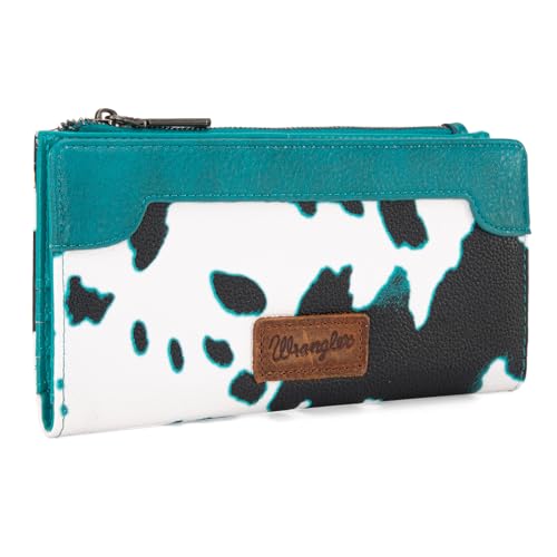 Image of Montana West Wrangler Cow Print Wallets Womens Bifold Credit Card Wallet Women's Wallets, Card Cases & Money Organizers Turquoise Wallet for Women Ladies Female Cash Wallet with Smooth Zipper