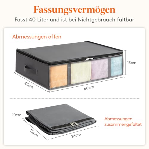 Lifewit 40L Unterbett-Aufbewahrungsbehälter, 4er-Pack, faltbare Kleideraufbewahrungsbeutel mit klarem Vorderfenster, Kleiderschrank-Organizer und Aufbewahrung für Handtücher, Kleidung, Decken, Grau