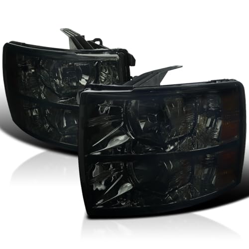 Spec-D Tuning Headlights Smoke Lens W/Amber Reflector Compatible with 2007-2013 Chevy Silverado 1500, 2007-2014 2500HD 3500HD, L+R Pair Head Light Lamp Assembly