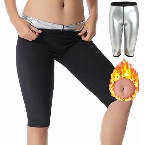 Vuirrm Sauna Shorts for Women, High Waisted Sweat Compression Slimming Leggings Tummy Control Leggings for Running Gym Yoga, L/XL,Black