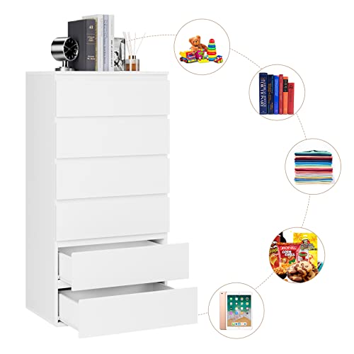 Fotosok 6 Drawer Chest, Modern Floor Storage Cabinet With Metal Sliding Rail, Wooden Handleless Drawer Cabinet, 6-Layer Large Capacity Vertical Dressers For Home & Office #TOP3