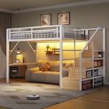 Letto a soppalco in metallo 140 x 200 cm, con luce LED, Letto matrimoniale a soppalco, spa...