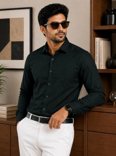 Image of Pinkmint Mens Cotton Regular Fit Long Sleeve Button Down Shirt for Men Collared Casual Formal Soild Shirt