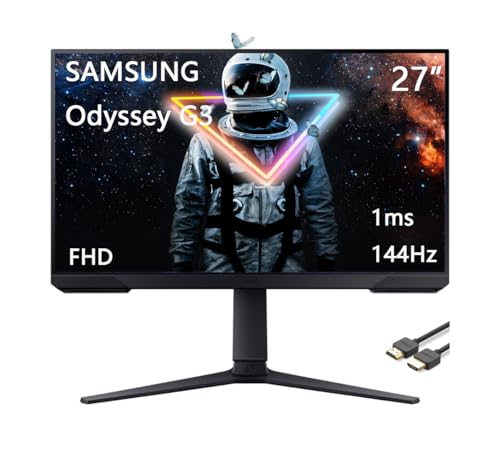 Samsung 27" Odyssey G3 Series FHD Gaming Monitor, 165Hz, 1ms, Eye Saver Mode, FreeSync Premium, VESA Mount Capability, Height Adjustable Screen, Black, with HDMI Cable