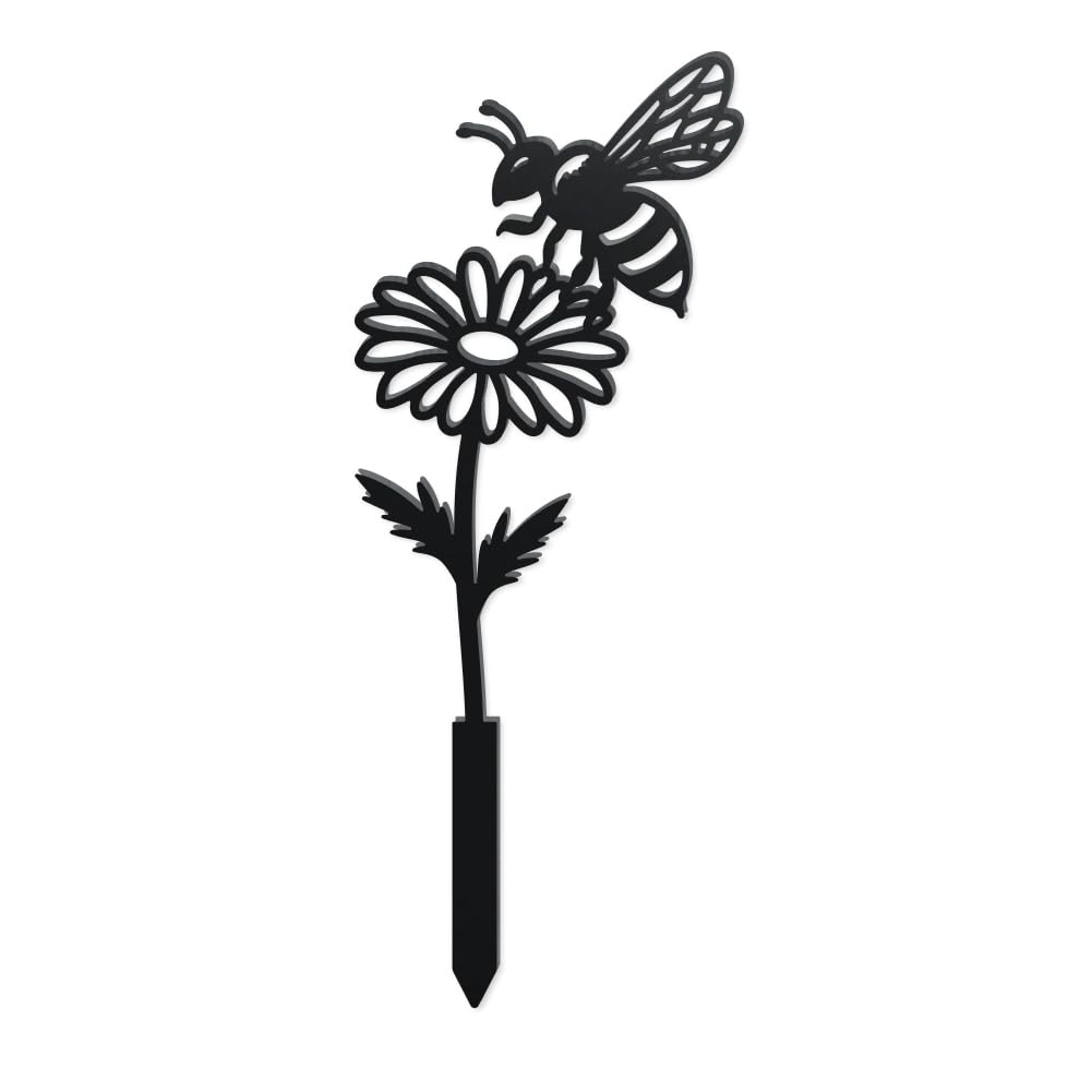 WADORN Wild Flowers Bee Metal Decorative Garden Stakes, Funny Flower Insect Metal Silhouette Statues Funny Garden Ornament Gifts Black Yard Art Decoration for Outdoor Backyard Patio Lawn Walkways