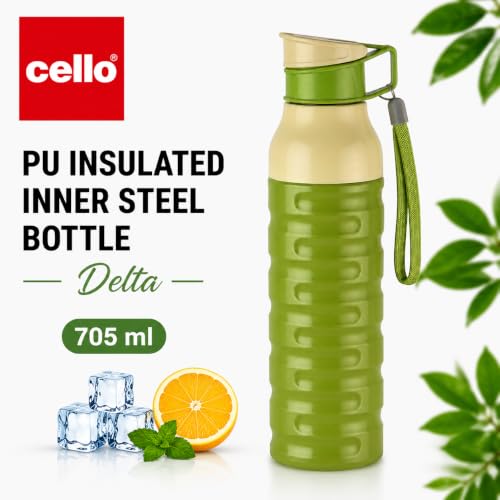 Image of CELLO Puro Steel-X Delta 900 PU Insulated Water Bottle for Office 705 ml Green | Wide Mouth Easy to Carry with Strap Leak Proof Flip Top Lid Inner Steel Water Bottle for School Kids, College & Travel