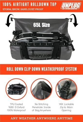 Image of UNPLUG Ultimate Adventure | 1680D Heavy Duty Waterproof Bag | Large Travel Bag which can be Used for Camping, Motorcycling, Boating, or Hunting|65L Storm Grey