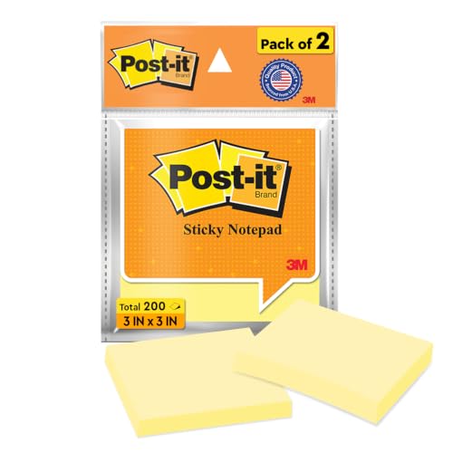 Image of 3M Post-it Yellow Sticky Notes| 2x100 Sheets | 2 Pads | 3 inch X 3 inch | Notes, Reminders, Study, School and organizing | Canary Yellow