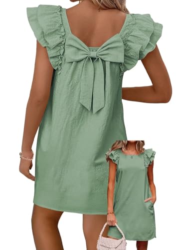 Image of Falechay Womens Summer Dresses Bow Tie Back Sundresses for Women Ruffle Short Sleeve Dress Casual Cute Sundress with Pockets