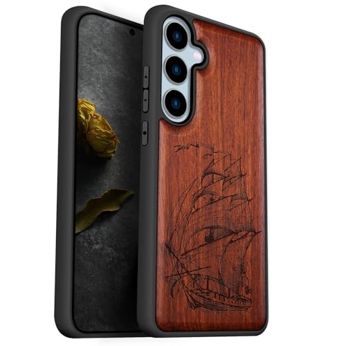 Coque Galaxy S24 FE en bois gravé au laser premium motif Bateau Pirate