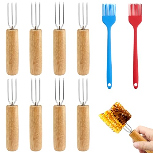 BITEFU 8 Stück Pellkartoffelgabel, Naturholzfarbe Kartoffelgabel Fleischgabel, Maisgabel, Maiskolben Spieße, Gabel für Gemüse und Grillgut, mit 2 Silikonbürste