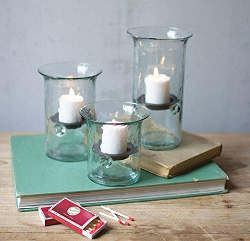 Recycled Glass Hurricane Votive Candle Holder Set Three Rustic Metal Insert