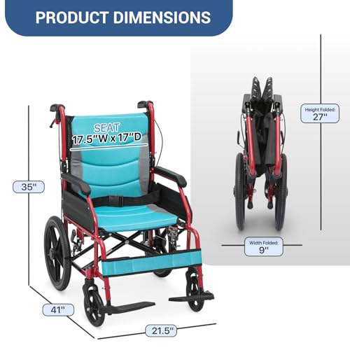 Lightweight Folding Transport Wheelchair for Adults with Removable Cushion and Loop-Lock Handbrakes, 250lbs Capacity