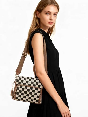 Image of 2 Pcs Checkered Crossbody Bags for Women Bum Bag Checkered Cross Body Sling Backpack Hobo Satchels Shoulder Wallet Purses