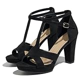 Lyngixko Women's Strappy Block Heels Sandals Comfortable Open Toe Chunky Dress Wedding Shoes with Adjustable Ankle Strap Black