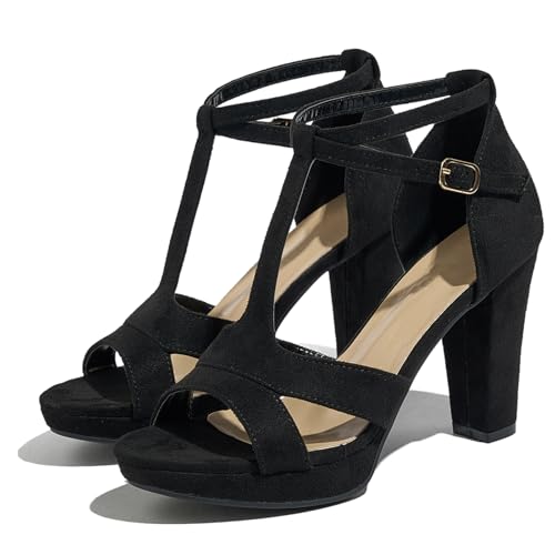 Women's Strappy Block Heels Sandals Comfortable Open Toe Chunky Dress Wedding Shoes with Adjustable Ankle Strap
