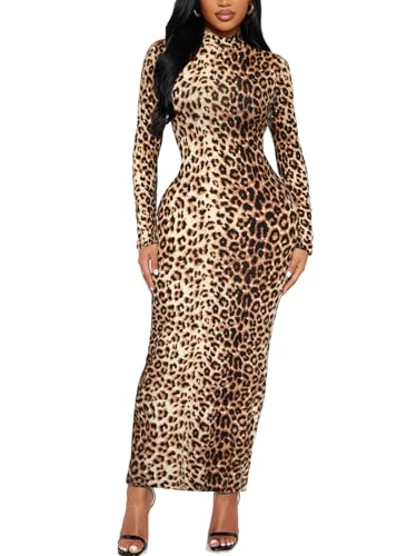 Women's Long Sleeve Bodycon Dress Maxi Mock Neck Fall Winter Casual Club Party T Shirts Tight Dresses