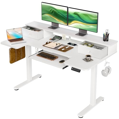 Image of OffiGo U Shaped Electric Standing Desk with Drawers, 55 Inch Height Adjustable Desk with Keyboard Tray & Ergonomic Monitor Stand, Sit Stand Table with Power Outlets for Home, Office, White