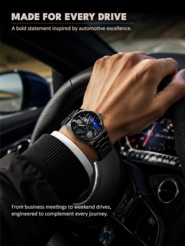 Image of V2A Men's Analog Automotive Inspired Wheel Rim Design Wrist Watch | Stainless Steel Bracelet| Quartz Movement | 30M Water Resistant | Premium Black Metal Strap Watch for Men | Casual & Formal