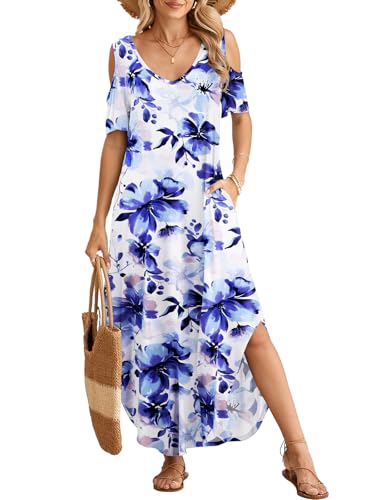 Image of BELAROI Womens Cold Shoulder Maxi Dress Plus Size V Neck Summer Sundresses with Pockets Beach Coverup Vacation Outfits