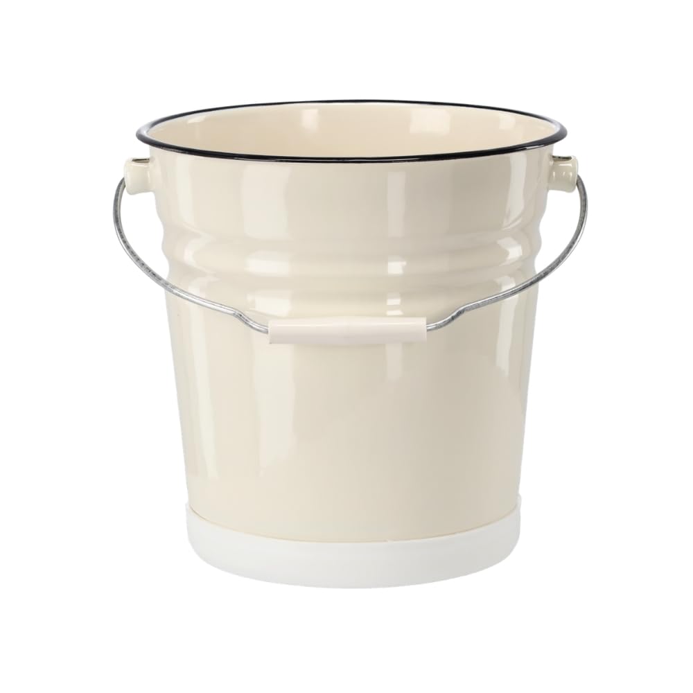 Emaliowane wiadro 12 l, kremowe, z czarną krawędzią, 26 cm, wiadro na wodę z ergonomicznym uchwytem i ochroną podłogi – rustykalne wiadro do czyszczenia i wiadro ogrodowe w stylu retro