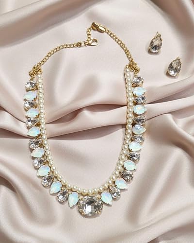 Image of Mansiyaorange Statement AD CZ American Diamond Cubic Zerconia Pearl Necklace Set | Gold Plated Chunky Fashion Jewelry for Women & Girls