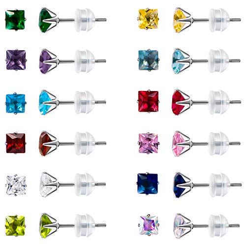 12 Pairs Stainless Steel Stud Earrings for Women, Princess Cut Square Cubic Zirconia Stud Earrings, Birthstone Earrings Stud Set