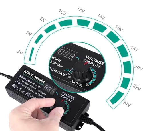 Power Supply 5A 120W Adjustable Variable AC/DC Adapter Charger, 100V-240V AC to DC 3V~24V Converter with LED Voltage Display & 14 Tips & Polarity Converter (5A)