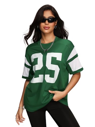 SOLY HUX Women's Jersey Shirts Number Graphic Tees Short Sleeve Crew Neck Loose Y2k Tops Dark Green Letter Small