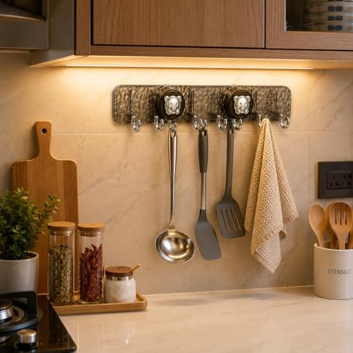 Image of Self Adhesive Wall Hook Rack | No Drilling Foldable Hooks for Bathroom, Kitchen & Home | 90 Rotatable Corner Mount | 6 Hooks | PC+ABS | Translucent Grey | 50 cm | Pack of 1