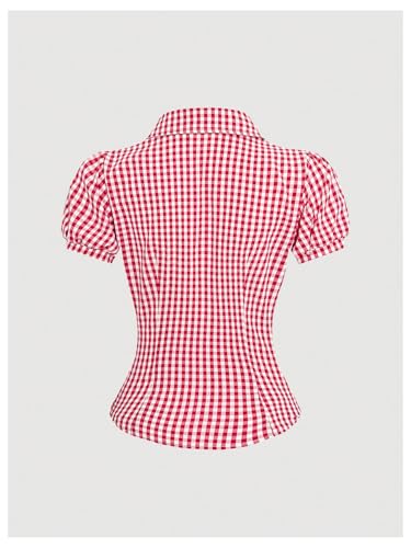 SweatyRocks Women's Y2K Short Puff Sleeve Button Down Fitted Gingham Plaid Crop Top Blouse2