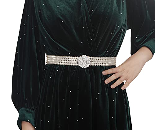 Wiwpar Boho Elastic Pearl Belt Crystal Pearl Flower Waist Chain Sashes Belt Adjustable Waist Belt Wedding Bridal Dress Belt for Women