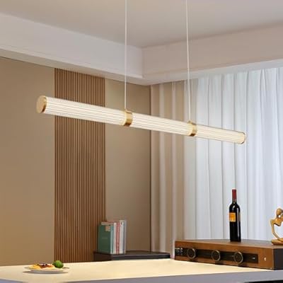 Modern Linear Chandelier Gold Linear Pendant Light Fixture, LED Dimmable Island Chandelier for Kitchen Island, Dining Room, and Living Room, Easy to Install.