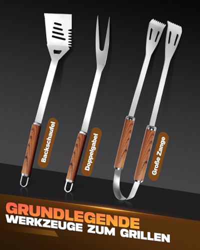 Grillbesteck Set, 3-teilig Edelstahl Grill Zubehör mit Tragetasche, Umfassendes Grillbesteck für das Grillen im Freien, Camping, Grillzubehör BBQ, Professionelle Grillzubehör für Männer Frauen