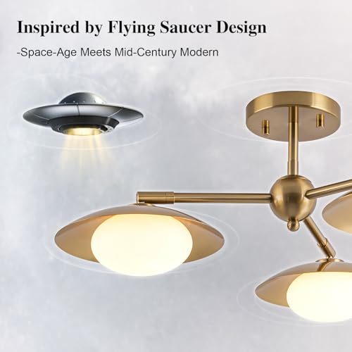 Image of 3-Light Flying Saucer Semi-Flush Mount Ceiling Light, Mid-Century Milk White Glass Globes Chandelier for Dining Room Living Room, 20.5 inch Wide, Brushed Brass Gold
