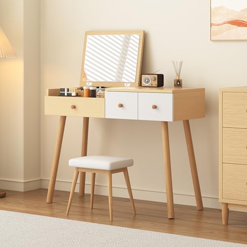 YuQozii Tocador con espejo, tocador de madera con cajones, espacio de almacenamiento dividido, gran capacidad de almacenamiento - Dimensiones: B100/H78/T40 cm, natural+blanco