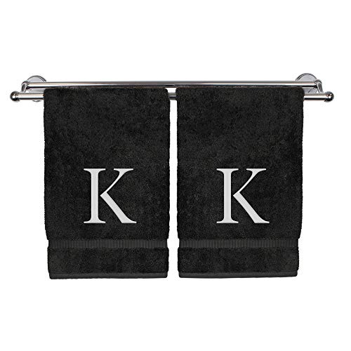 Monogrammed Hand Towel, Personalized Gift, Set of 2- White Block Letter Embroidered Towel - Extra Absorbent 100% Turkish Cotton - Soft Terry Finish - Initial K Black