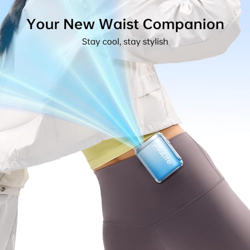 Image of JISULIFE Portable Neck Fan Life5, 100 Speed 40000RPM Cooling, Mini Personal Handheld Wearable Waist Fan, 16H 4500mAh Battery with LED Display, Ultra-Lightweight in Outdoor, Travel, Jobsite Gifts- Blue