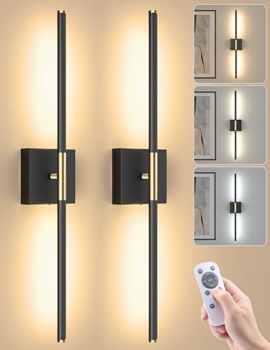 Image of 7800mAh Battery Operated Wall Sconces Set of Two, Rechargeable Wall Sconces with Remote, 360 Rotatable Battery Wall Sconce Decor, 27.6'' Wireless Wall Lights for Bedroom, Living Room(Black Gold)