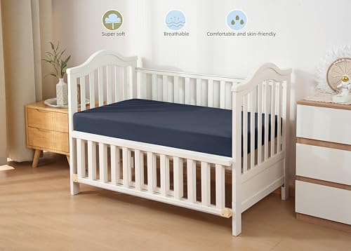 Image of HBHLFZ Crib Sheets for Boys, Girls, 28x52 Inch Fitted Crib Sheet - 8 Inch Deep Pocketed Fixed Sheet - Soft and Comfortable Microfibre - Fits Standard cot and Toddler mattresses, Dark Blue