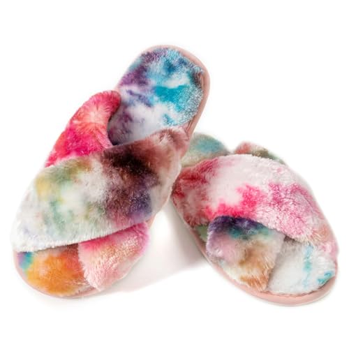 Women's Fuzzy Cross Band Slippers Indoor Outdoor Soft Open Toe
