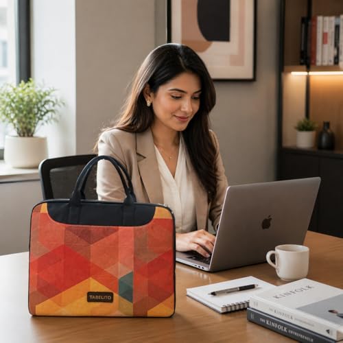 Image of Tabelito Designer Printed Laptop Sleeve for Women (13-15.6 Inch) | Jute & Vegan Leather Office Handbag | Lightweight Stylish Work Bag with Handle